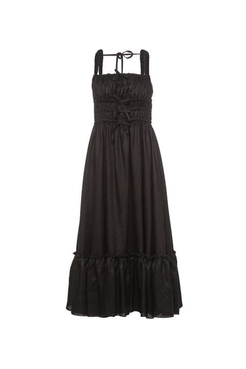 Amara Ruched Midi Linen Dress in Noir Black