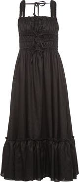 Vasiliki Amara Ruched Midi Linen Dress in Noir Black