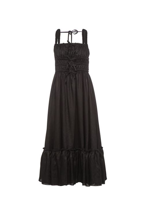 Vasiliki Amara Ruched Midi Linen Dress in Noir Black at Nordstrom, Size Large