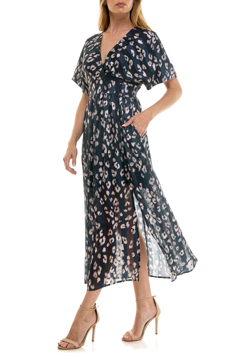 Socialite V-Neck Dolman Sleeve Midi Dress, Alternate, color, Navy Natural Leopard