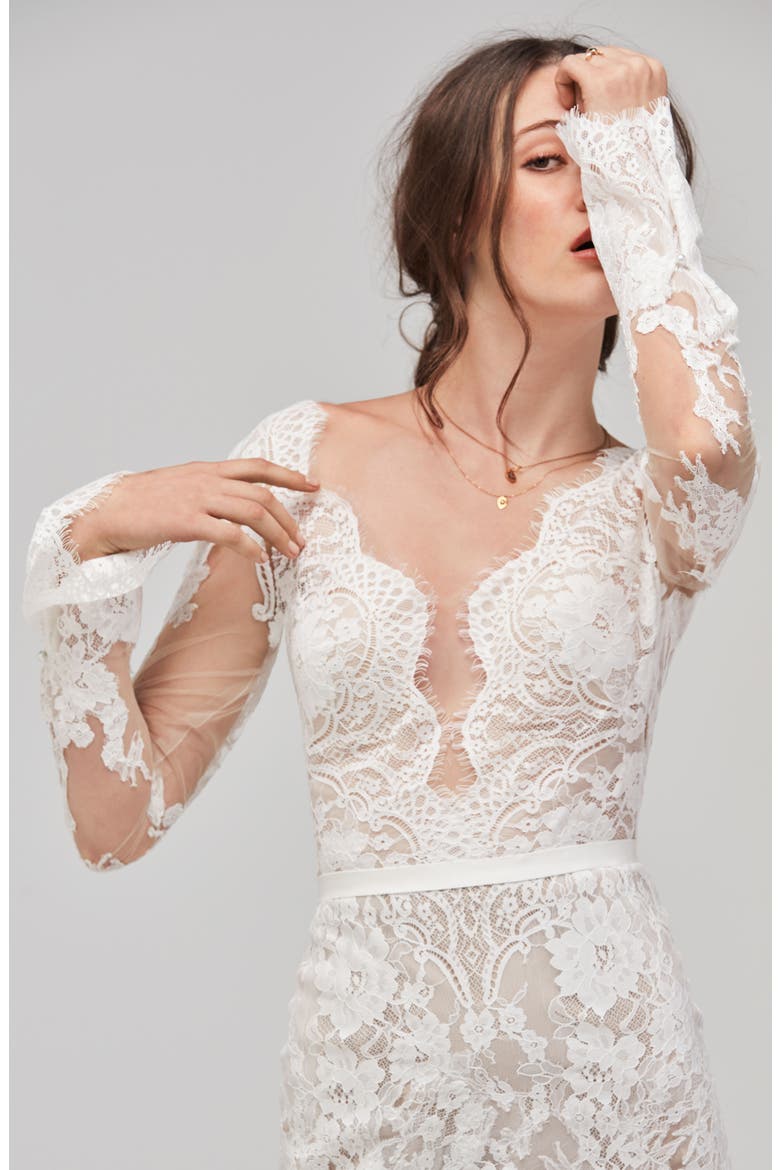 Sage Alençon Lace Trumpet Gown, Alternate, color, IVORY/BRONZE