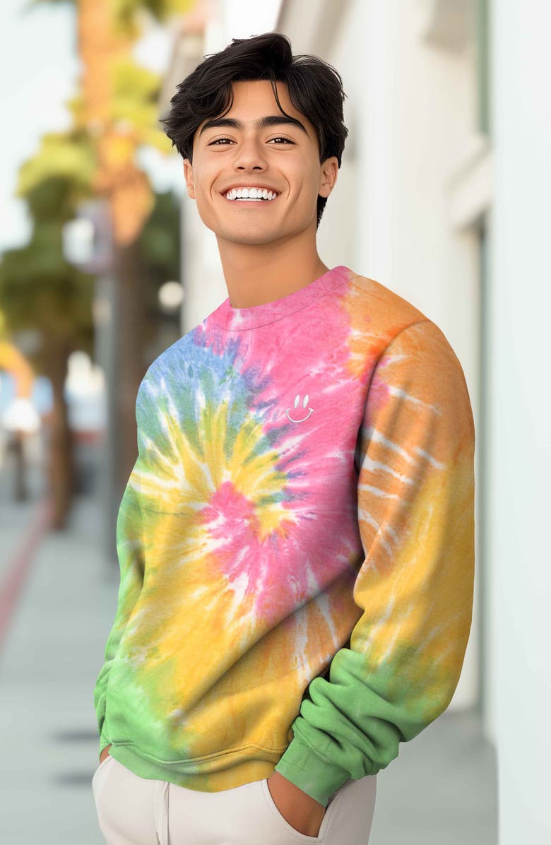 Dalix Smile Face Tie Dye Crewneck Sweatshirt, Alternate, color, Tie Dye Rainbow