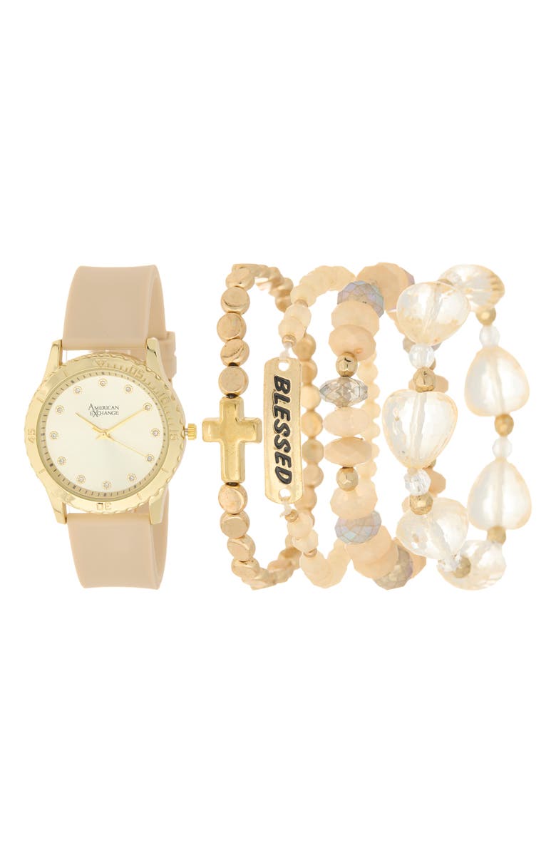 AMERICAN EXCHANGE Silicone Strap Watch & Assorted Bracelets Set, 38mm, Main, color, 