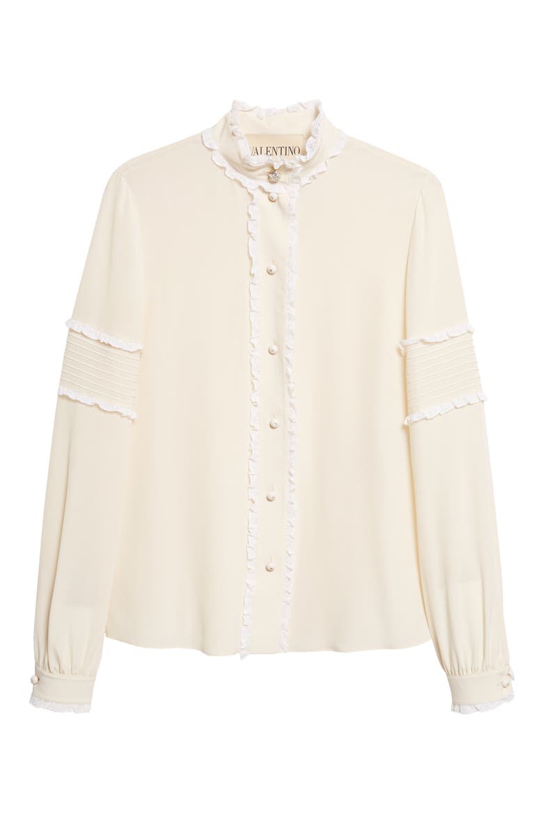 Lace Ruffle Silk Crêpe de Chine Button-Up Shirt, Alternate, color, VANILLA