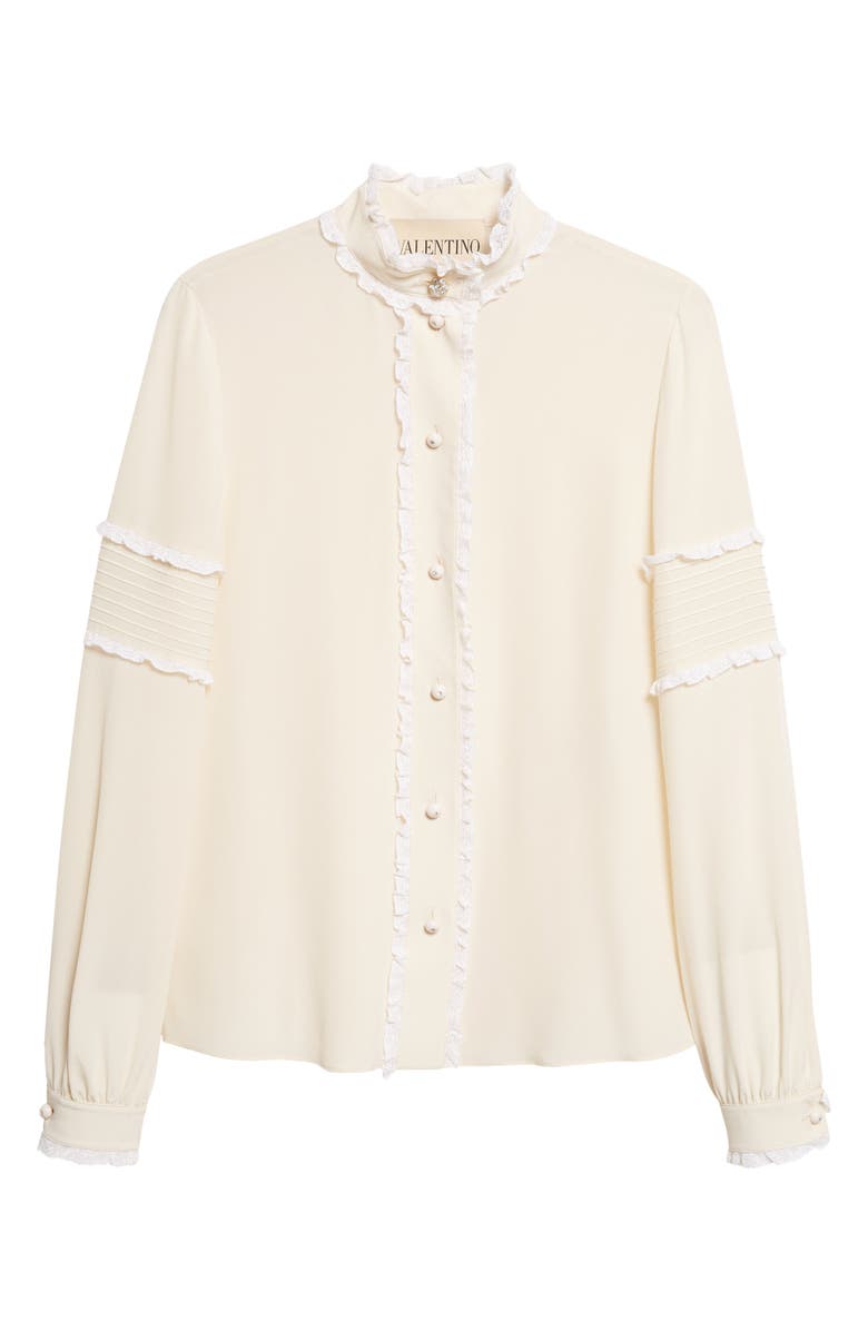 Valentino Lace Ruffle Silk Crêpe de Chine Button-Up Shirt, Main, color, Vanilla