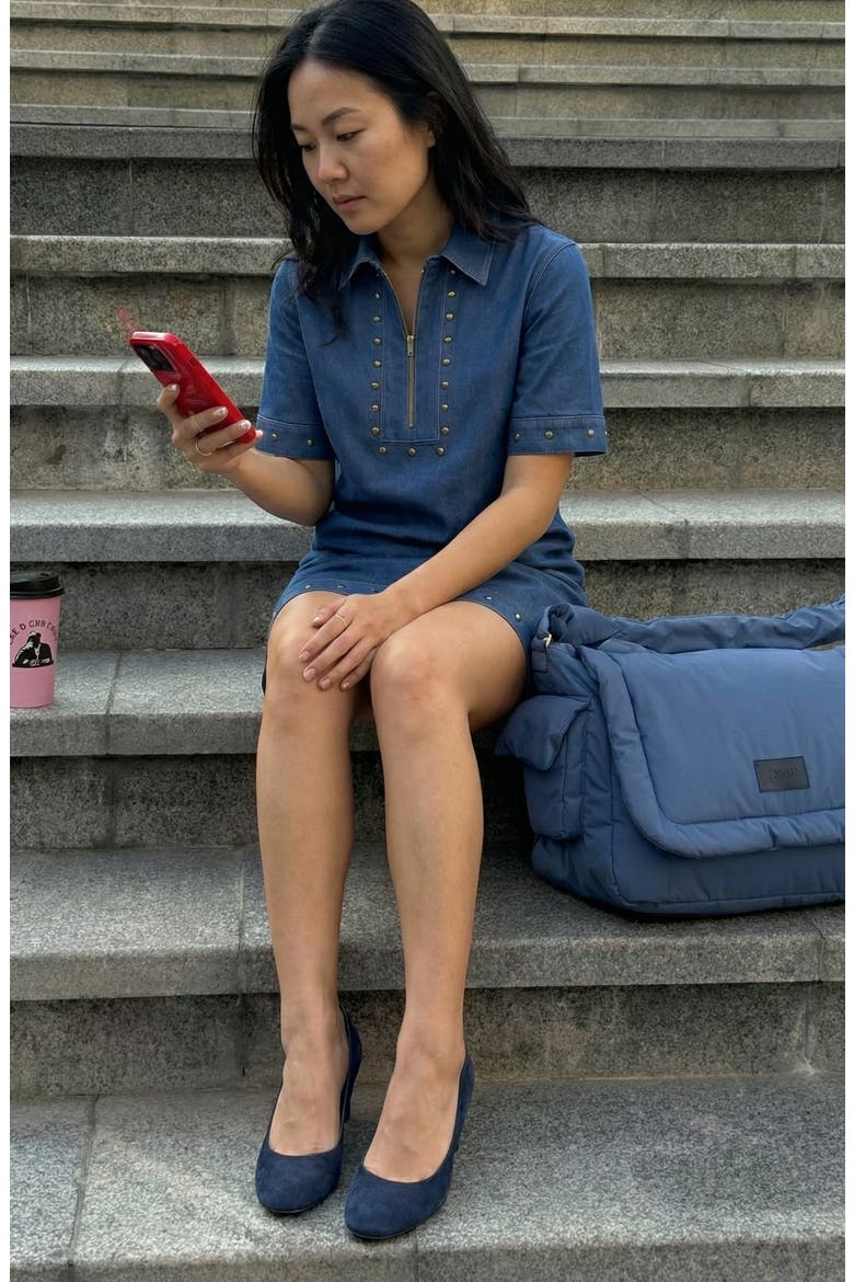 Studded Half-Zip Collared Denim Mini Dress, Alternate, color, Mid-Wash Blue