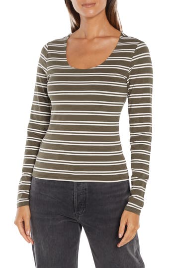 Three Dots Stripe Scoop Neck Stretch Cotton Top In Olive Night/egret Stripe