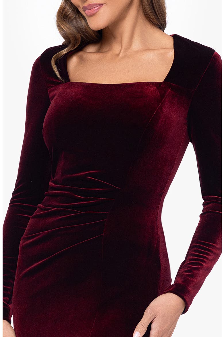 Long Sleeve Stretch Velvet Gown, Alternate, color, BURGUNDY