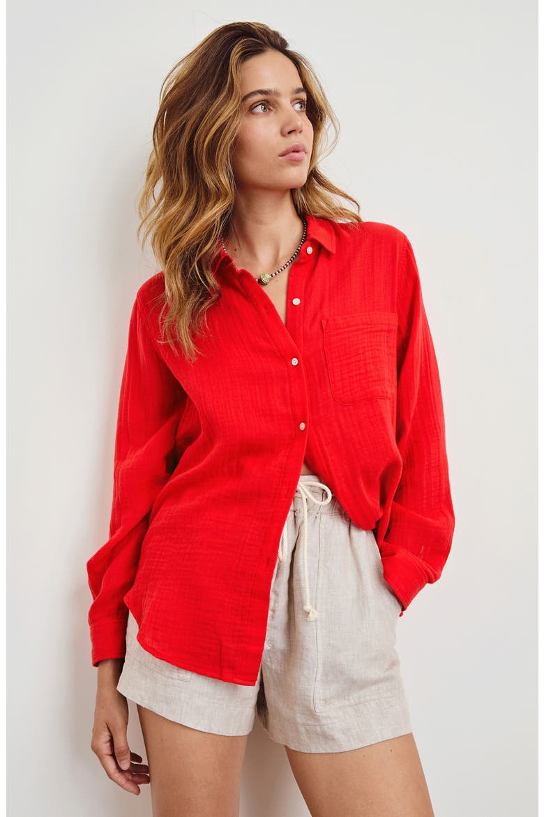 Ellis Organic Cotton Gauze Button-Up Shirt, Alternate, color, CHERRY