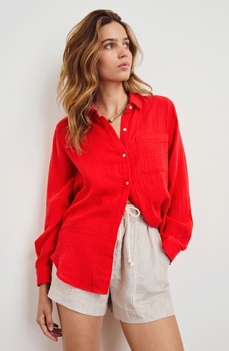 Rails Ellis Organic Cotton Gauze Button-Up Shirt, Alternate, color, Cherry
