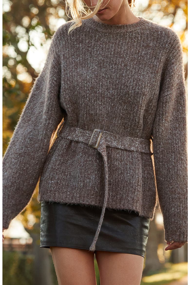 Belted Tunic Sweater, Alternate, color, Brown