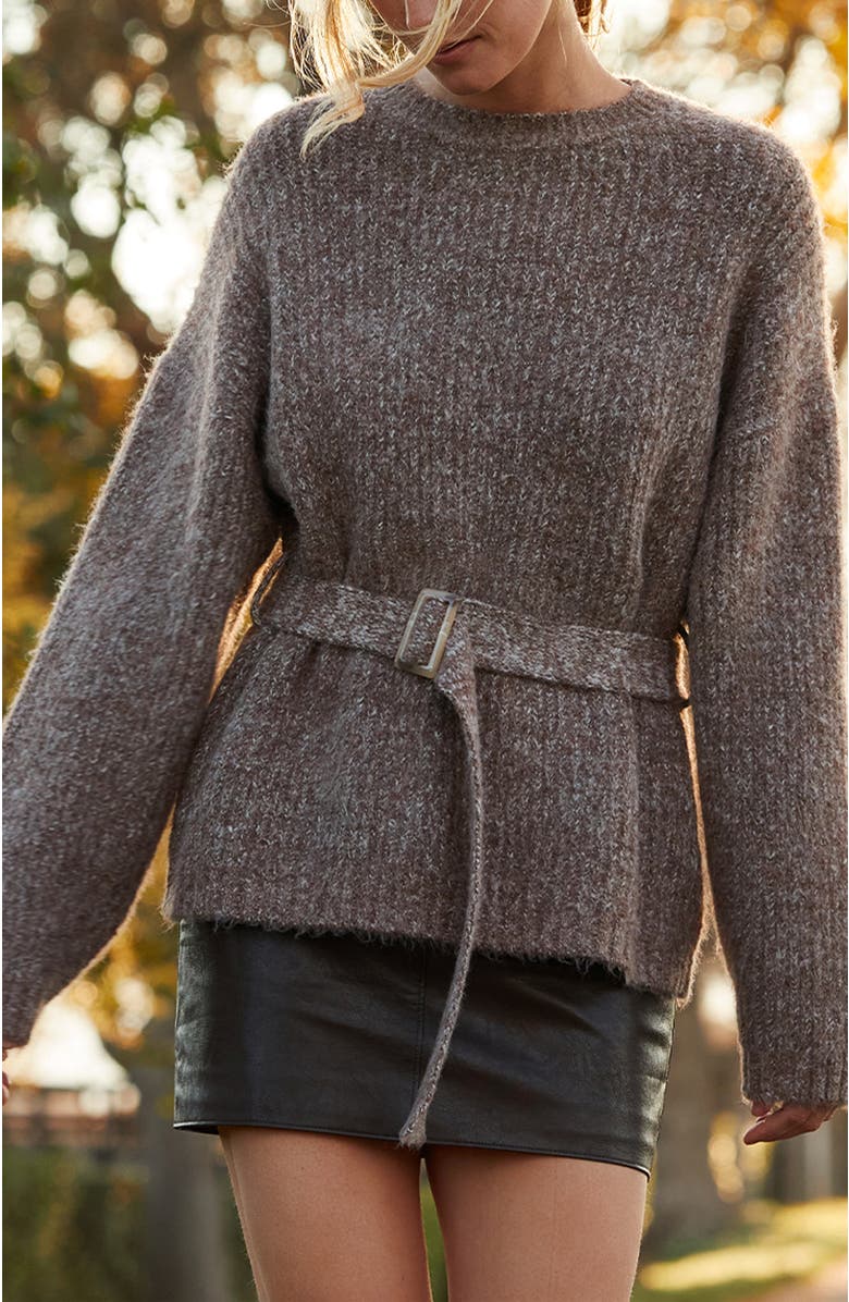 CRESCENT Belted Tunic Sweater, Alternate, color, Brown