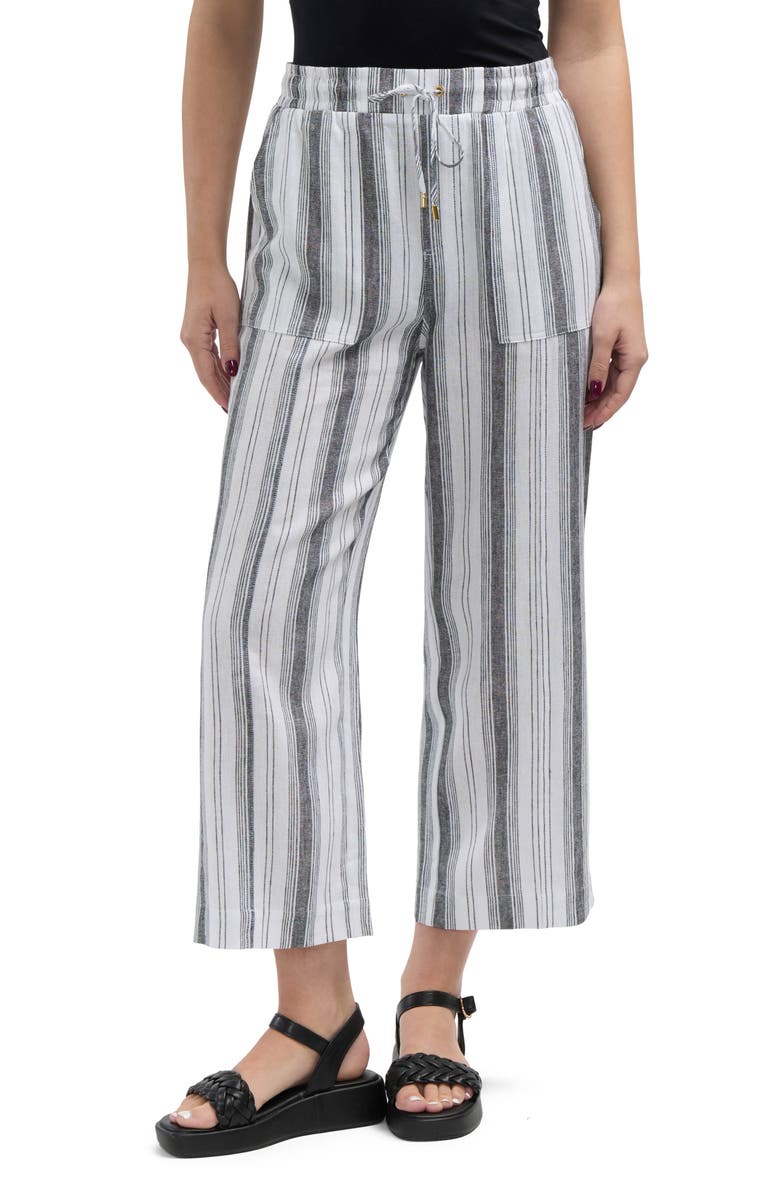 Ellen Tracy Wide Leg Linen Blend Drawstring Crop Pants, Main, color, Black/ White Multi Stripe