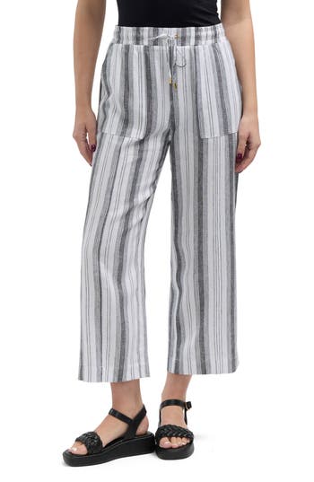 Shop Ellen Tracy Wide Leg Linen Blend Drawstring Crop Pants In Black/white Multi Stripe