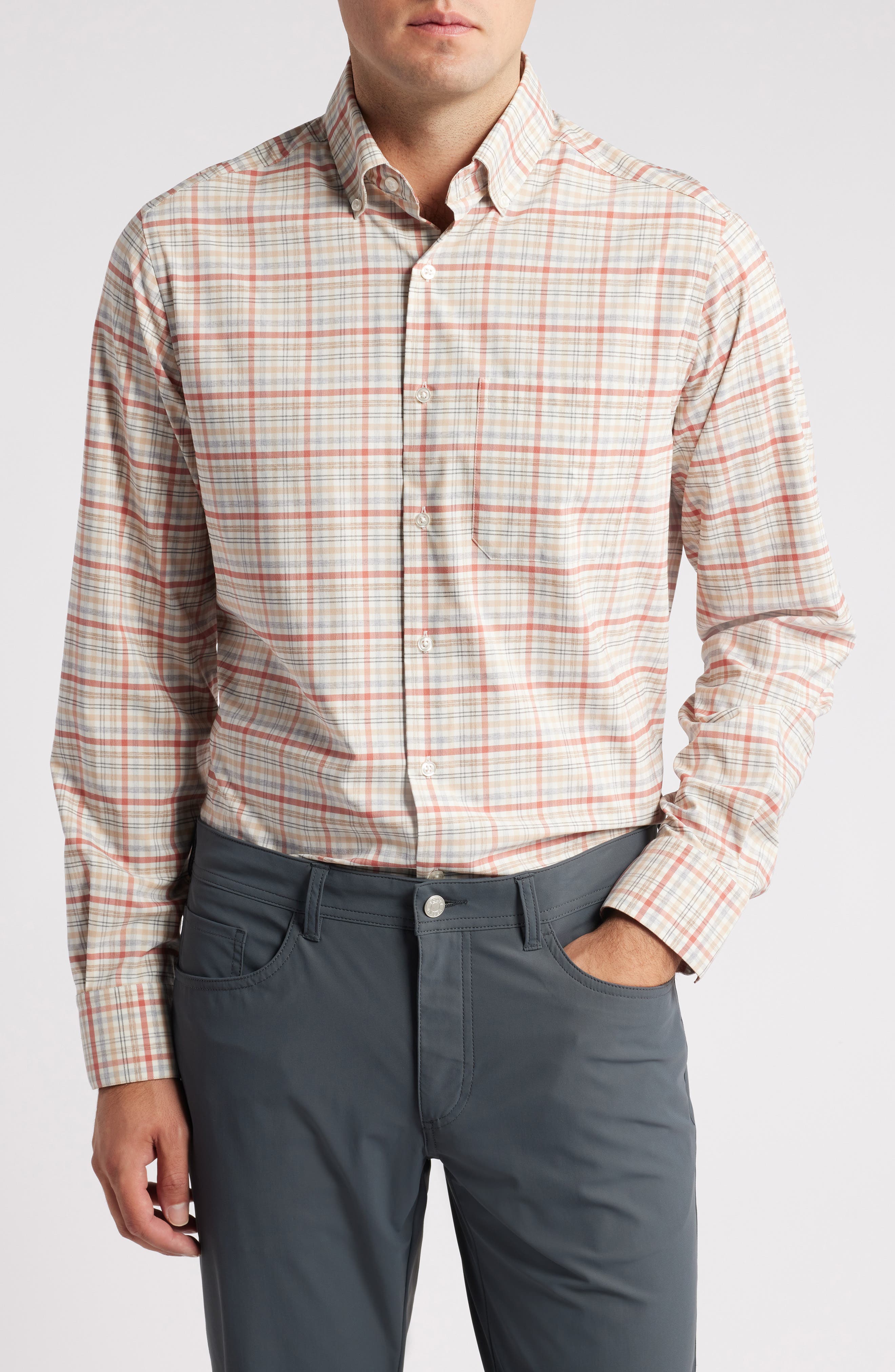 Scott Barber Mélange Plaid Stretch Button-Down Shirt in Spice 