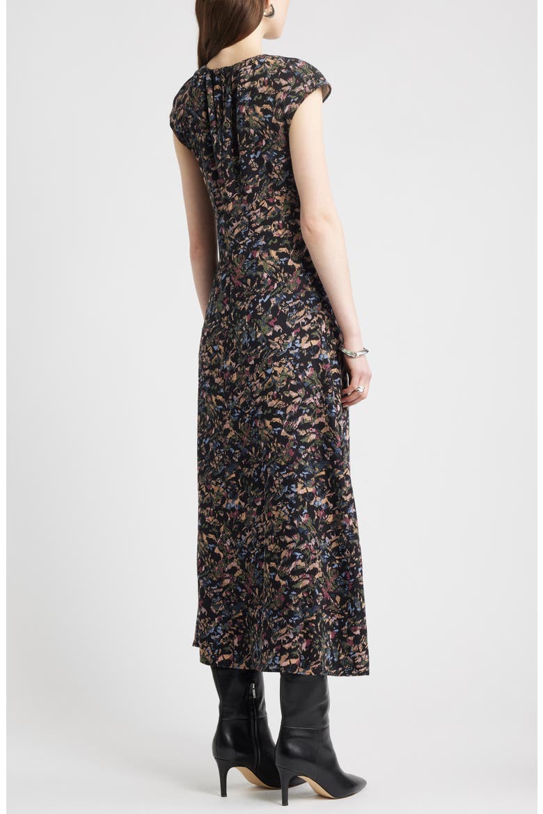 Shirred Cap Sleeve Maxi Dress, Alternate, color, BLACK MULTI FEATHER ABSTRACT