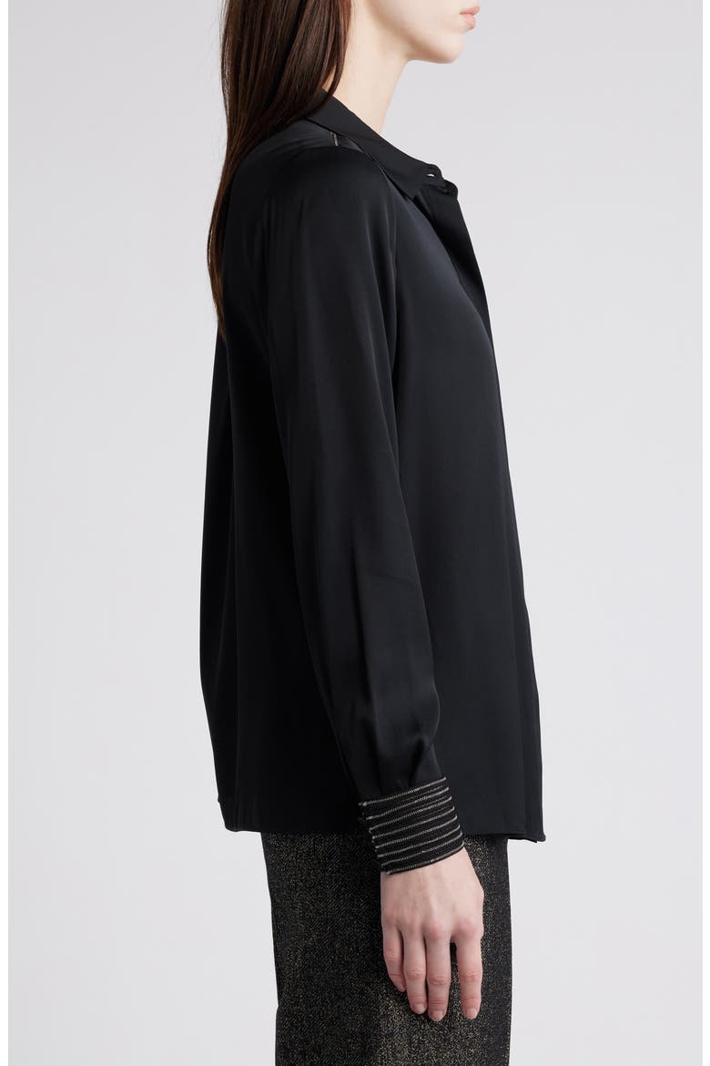 Bead Detail Stretch Silk Georgette Button-Up Shirt, Alternate, color, BLACK