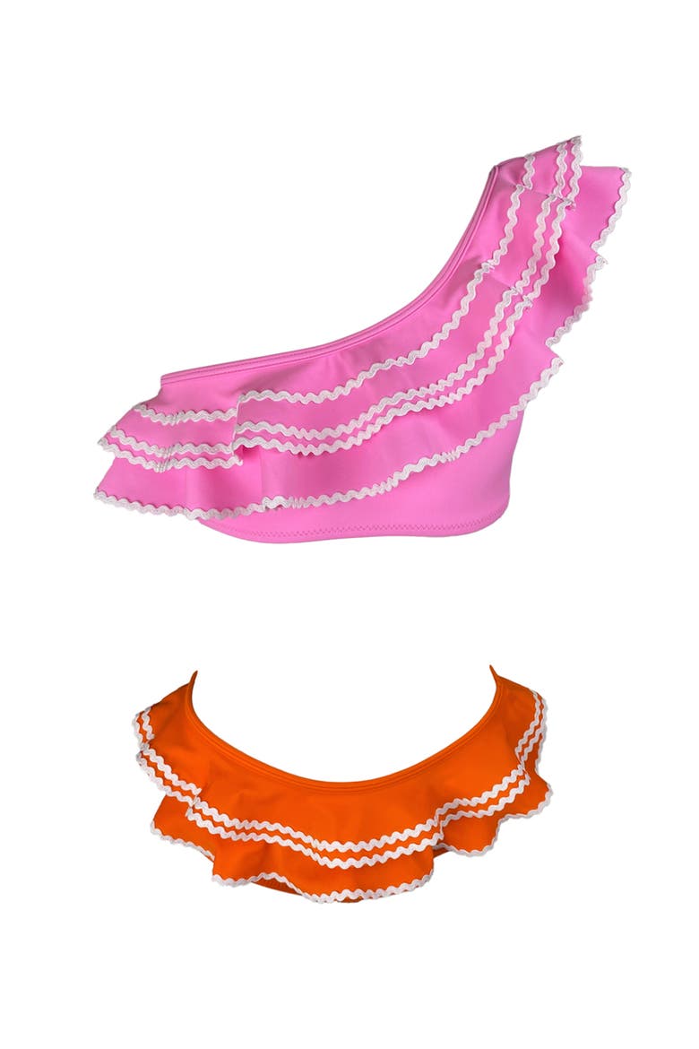 Kids' One Shoulder Pink-Orange Multi-Layered Ruffle Two-Piece Swimsuit, Main, color, Pink-Orange