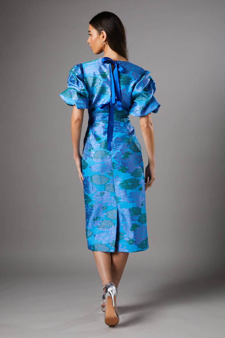 Jacquard Floral Puff Sleeve Midi Dress, Alternate, color, Blue