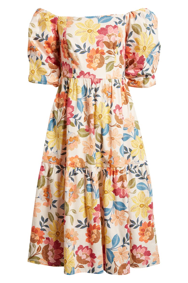 Floral Off the Shoulder Stretch Cotton Midi Dress, Alternate, color, IVORY MULTI