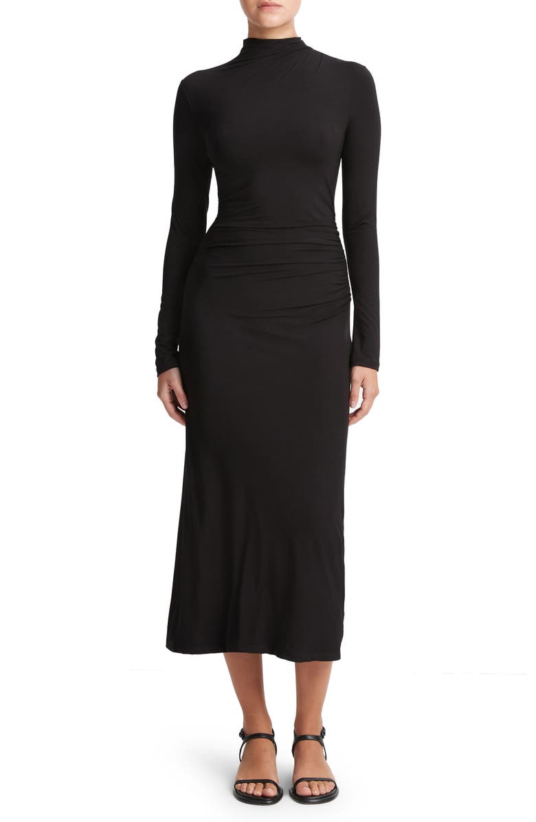 Vince Long Sleeve Silk Knit Midi Dress, Main, color, Black