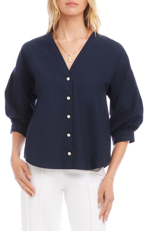 Lantern Sleeve Cotton Button-Up Shirt