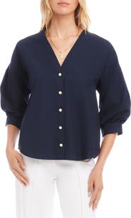 Karen Kane Lantern Sleeve Cotton Button-Up Shirt
