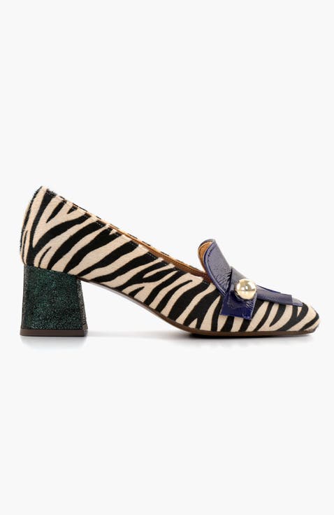 Zebra print patent leather buckle pump