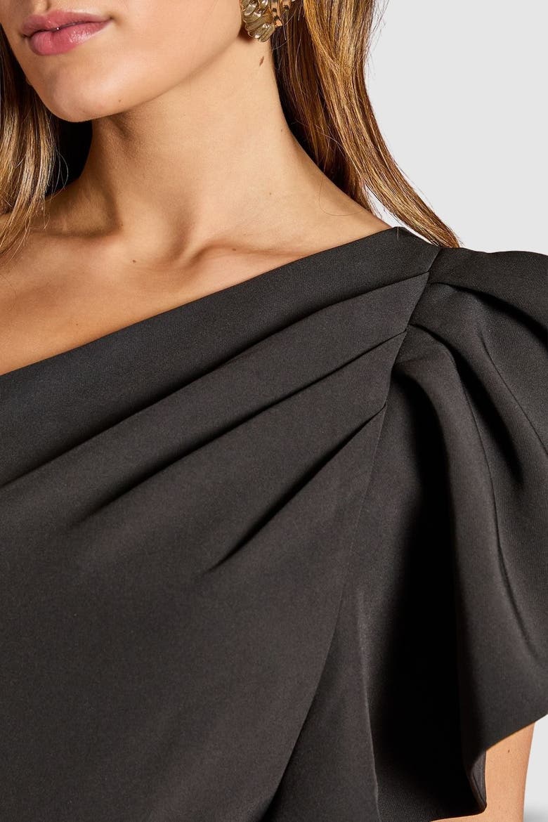 One Shoulder Crepe Ruffle Midi Dress, Alternate, color, Black