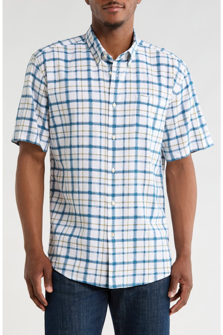 Glover Short Sleeve Linen & Cotton Blend Button-Up Shirt, Main, color, NAVY