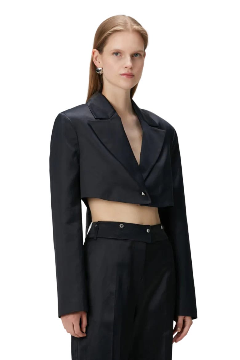 Linen Blend Crop Shiny Woven Jacket, Alternate, color, BLACK