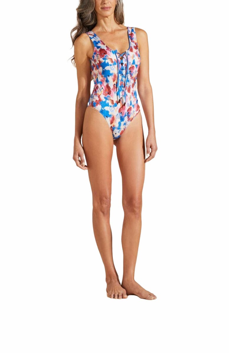 Vilebrequin Women's Flowers In The Sky Lace-Up One-Piece Swimsuit, Main, color, Palace