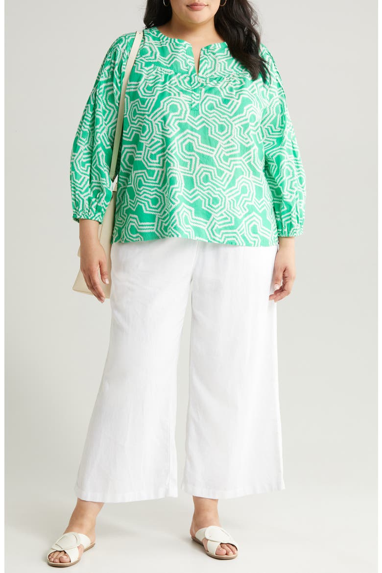 Print Split Neck Cotton Popover Top, Main, color, GREEN BRIGHT- IVORY LADDER GEO