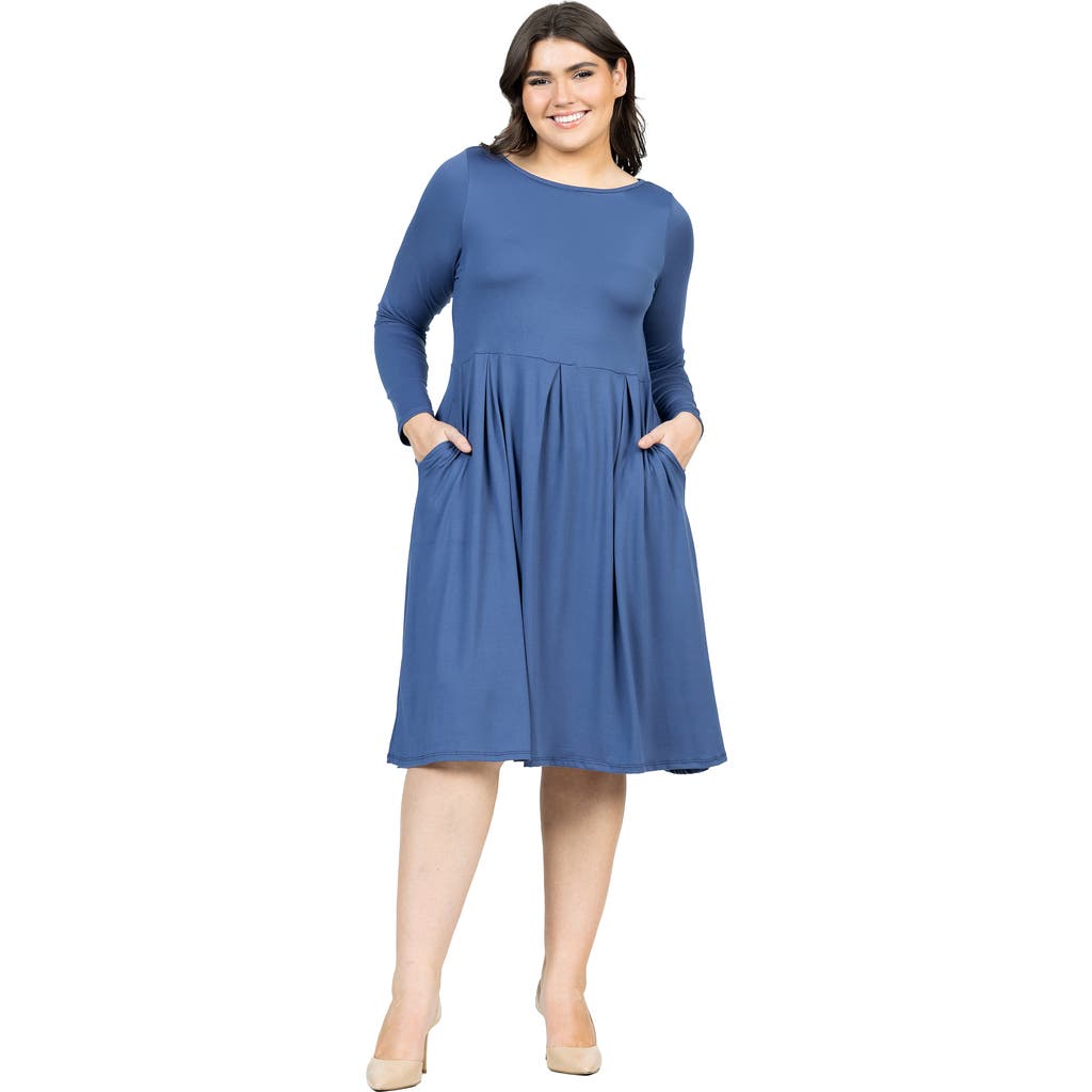 24seven Comfort Apparel Plus Size Long Sleeve Fit And Flare Midi Dress In Purple