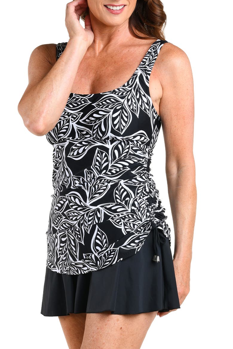 Native Vines Faux Tankini Swimdress, Alternate, color, BLACK