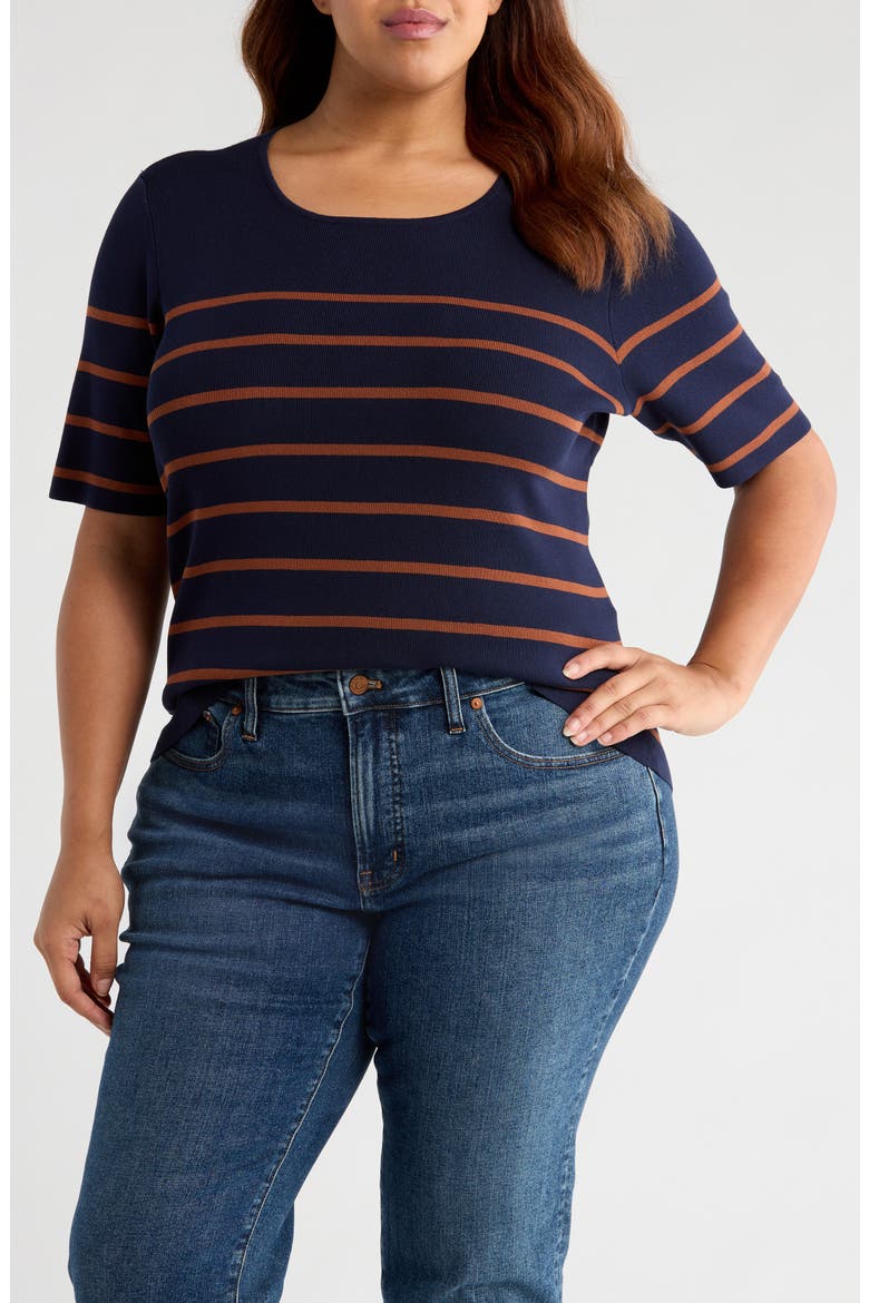 Stripe Short Sleeve Sweater, Main, color, NAVY TAWNY