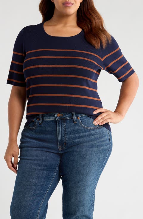 Stripe Short Sleeve Sweater (Plus)