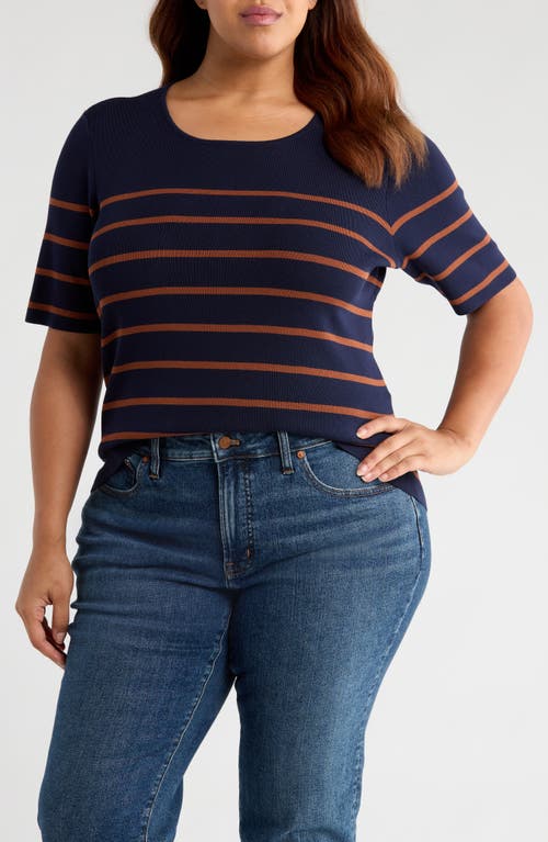 Tahari Asl Stripe Short Sleeve Sweater In Blue