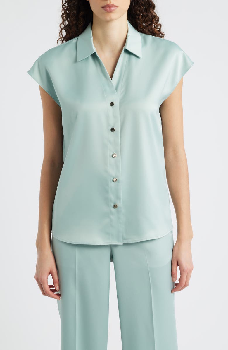 Anne Klein Crepe Button-Up Top, Main, color, Soft Aloe