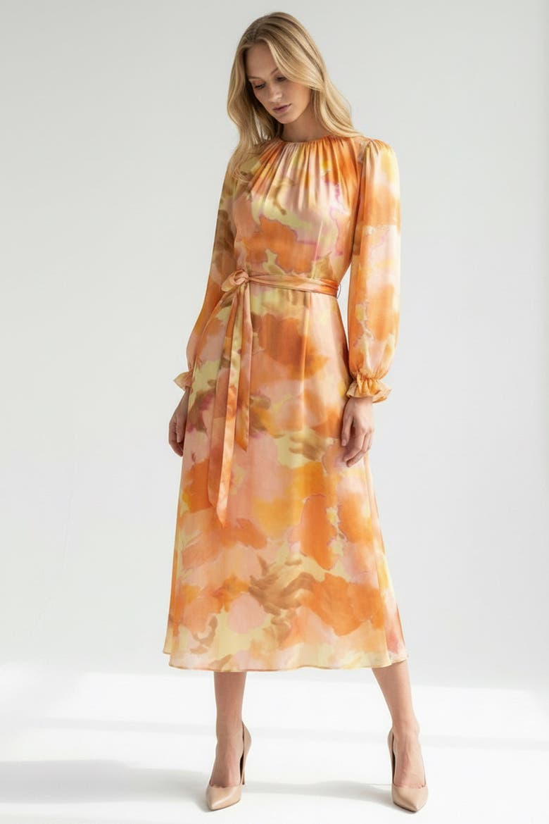 Crew Neck Long Sleeve Relaxed Fit Printed Dress, Alternate, color, Orange