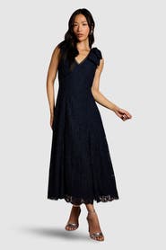 Coast Bow Shoulder V Neck Lace Midi Dress