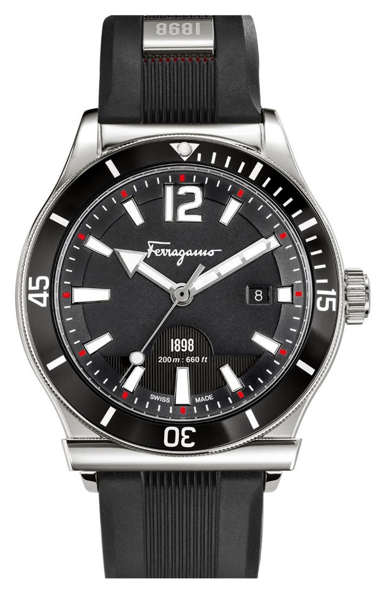 FERRAGAMO Salvatore Ferragamo '1898 Sport' Rubber Strap Watch, 43mm, Main, color, 