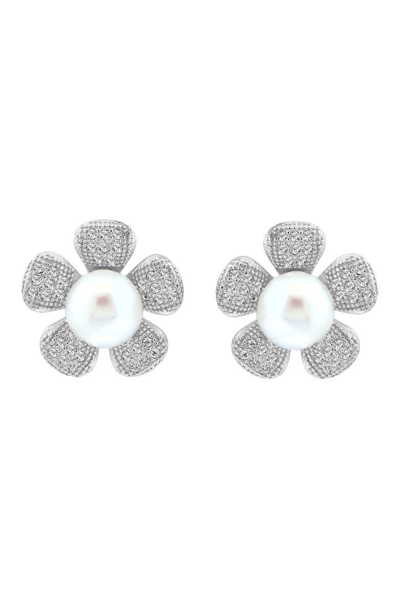 White Topaz Stone Flower Stud Earrings, Alternate, color, WHITE