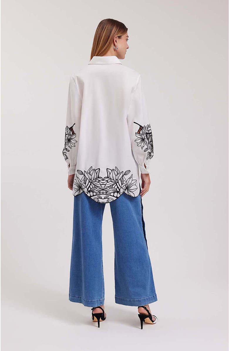 Anne Fontaine Women's Shirt Leonie White Long Sleeve Cotton Poplin Shirt With Black Embroidered Flowers, Alternate, color, Black/White