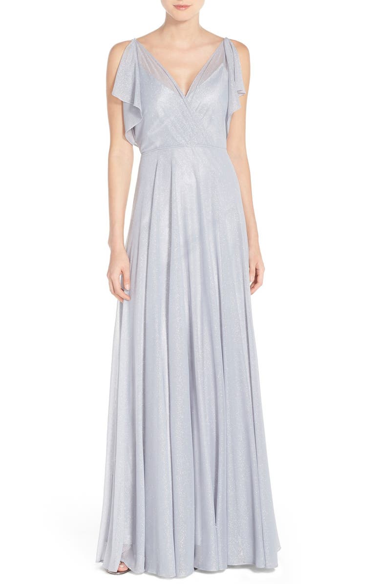 Jenny Yoo Cassie V-Neck Flutter Sleeve Shimmer Gown, Main, color, 