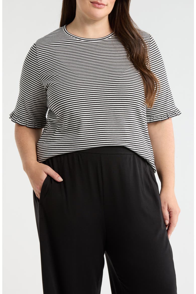 Stripe Frill Sleeve Stretch Cotton Top, Main, color, JONES BLACK/ NATURAL WHITE