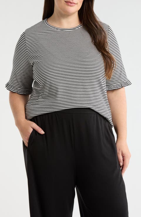 Stripe Frill Sleeve Stretch Cotton Top (Plus)