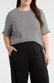 Jones New York Stripe Frill Sleeve Stretch Cotton Top