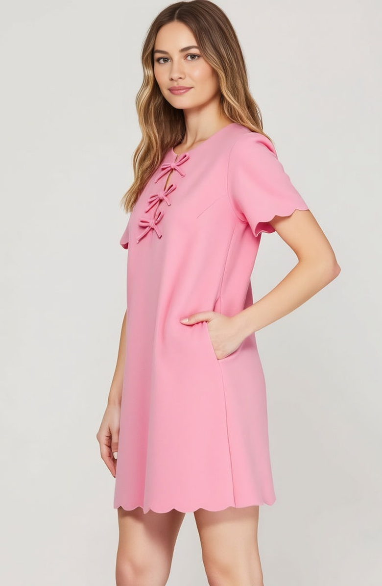 Modenaire Scallop Hem Shift Dress with Front Bow Tie Detail and Keyhole Neckline, Alternate, color, Pink