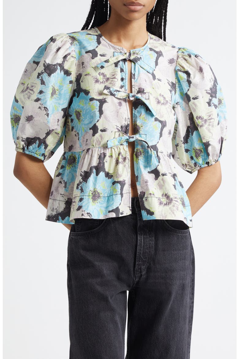 Print Puff Sleeve Peplum Organic Cotton Top, Main, color, WHITE MULTICOLOR